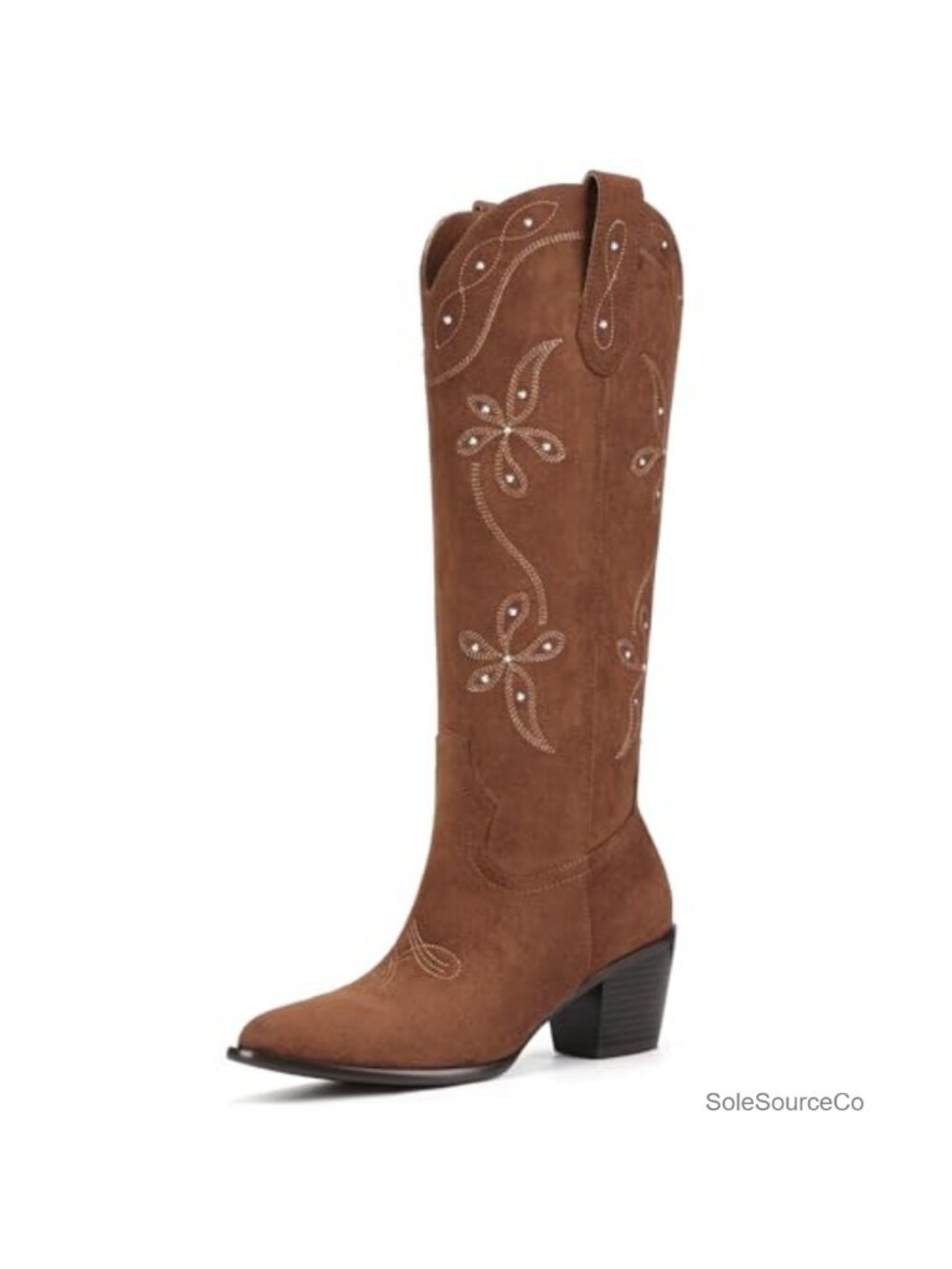 Western Cowboy Boots Knee High Faux Suede Retro Embroidery Pointed Toe Chunky